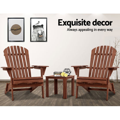 Gardeon 3PC Adirondack Outdoor Table and Chairs Wooden Foldable Beach Chair Brown - OZ Home Deals
