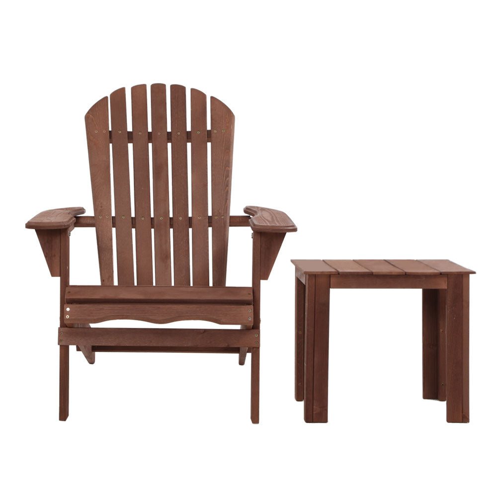 Gardeon 3PC Adirondack Outdoor Table and Chairs Wooden Foldable Beach Chair Brown - OZ Home Deals