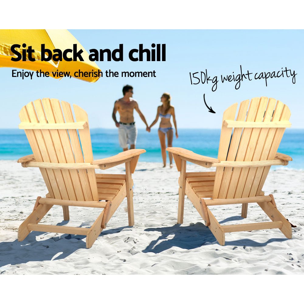 Gardeon 3PC Adirondack Outdoor Table and Chairs Wooden Foldable Beach Chair Natural - OZ Home Deals