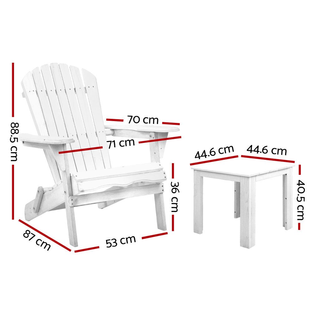 Gardeon 3PC Adirondack Outdoor Table and Chairs Wooden Foldable Beach Chair White - OZ Home Deals