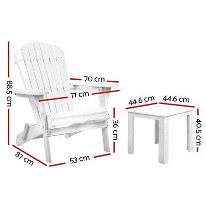 Gardeon 3PC Adirondack Outdoor Table and Chairs Wooden Foldable Beach Chair White - OZ Home Deals
