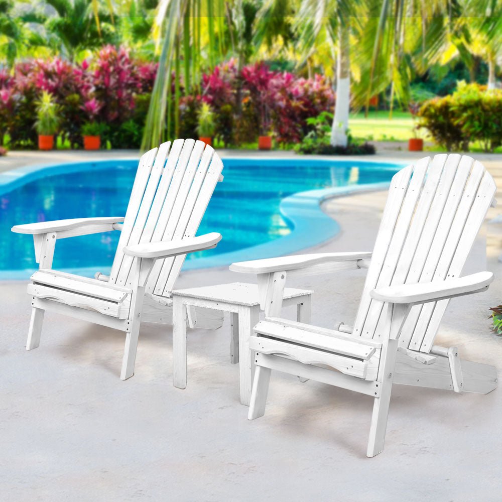 Gardeon 3PC Adirondack Outdoor Table and Chairs Wooden Foldable Beach Chair White - OZ Home Deals