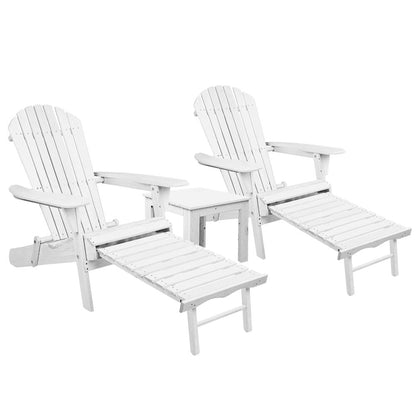 Gardeon 3PC Adirondack Outdoor Table and Chairs Wooden Sun Lounge Beach Patio White - OZ Home Deals