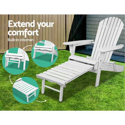 Gardeon 3PC Adirondack Outdoor Table and Chairs Wooden Sun Lounge Beach Patio White - OZ Home Deals