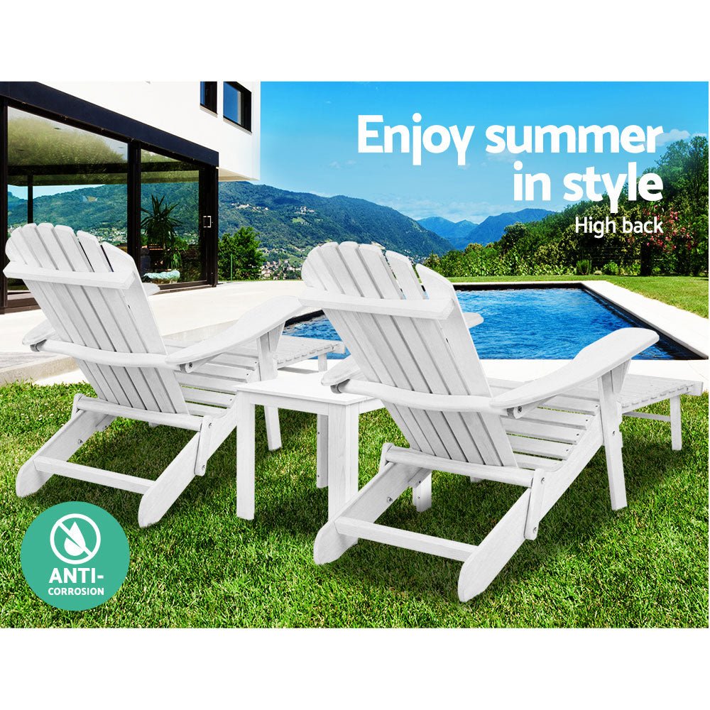 Gardeon 3PC Adirondack Outdoor Table and Chairs Wooden Sun Lounge Beach Patio White - OZ Home Deals