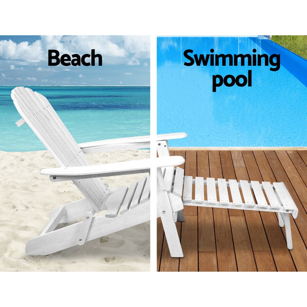 Gardeon 3PC Adirondack Outdoor Table and Chairs Wooden Sun Lounge Beach Patio White - OZ Home Deals