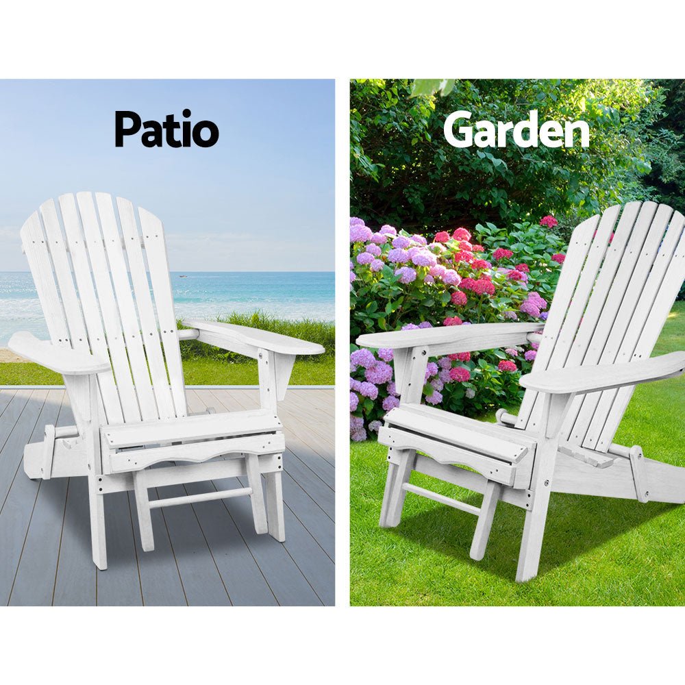 Gardeon 3PC Adirondack Outdoor Table and Chairs Wooden Sun Lounge Beach Patio White - OZ Home Deals