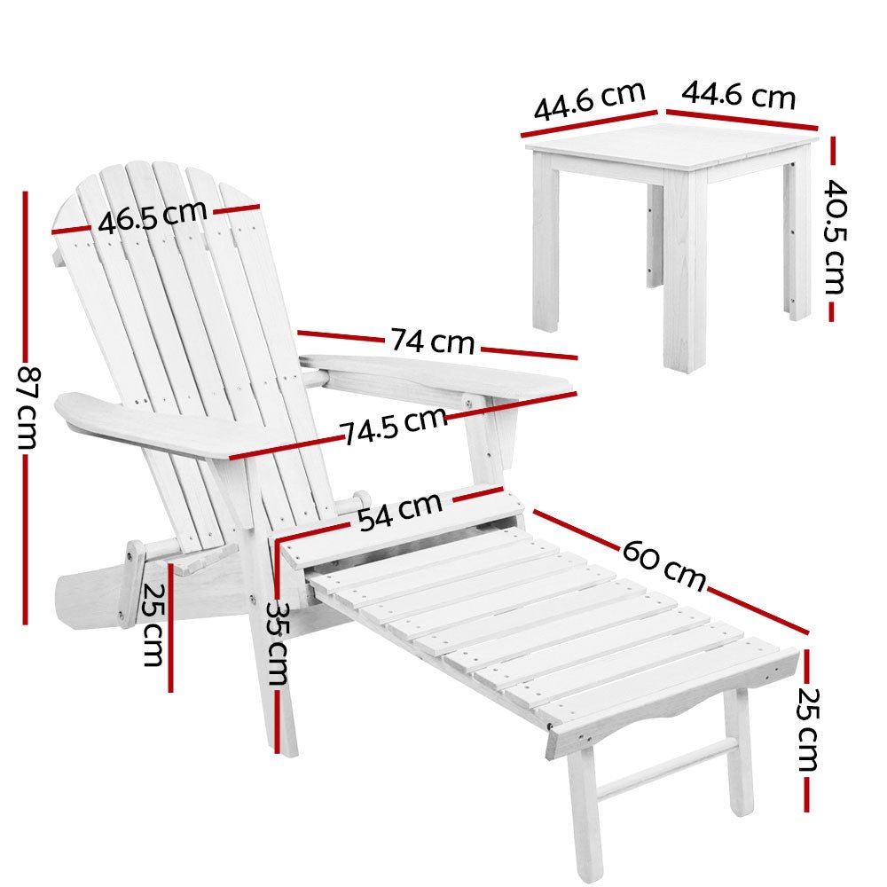 Gardeon 3PC Adirondack Outdoor Table and Chairs Wooden Sun Lounge Beach Patio White - OZ Home Deals
