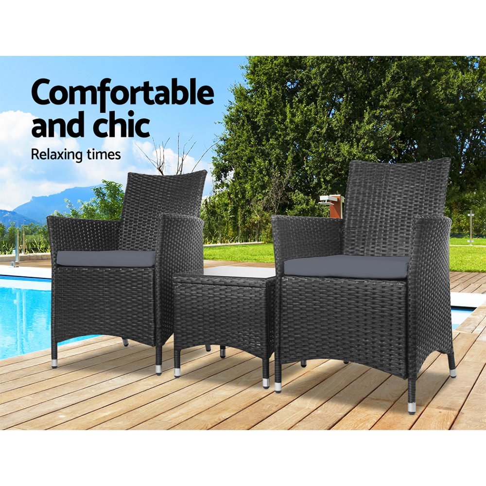 Gardeon 3PC Outdoor Bistro Set Patio Furniture Wicker Setting Chairs Table Cushion Black - OZ Home Deals