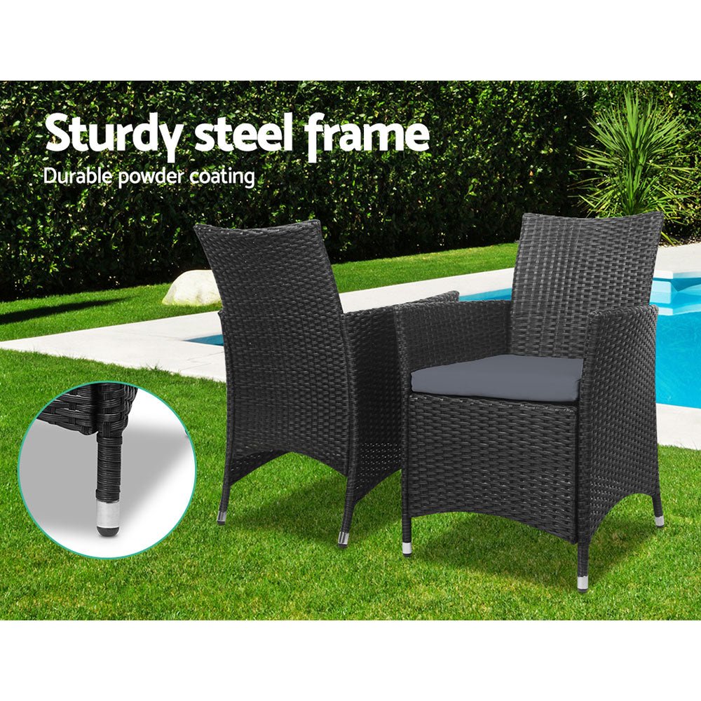 Gardeon 3PC Outdoor Bistro Set Patio Furniture Wicker Setting Chairs Table Cushion Black - OZ Home Deals