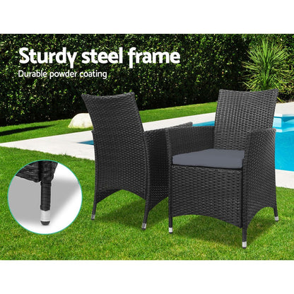 Gardeon 3PC Outdoor Bistro Set Patio Furniture Wicker Setting Chairs Table Cushion Black - OZ Home Deals