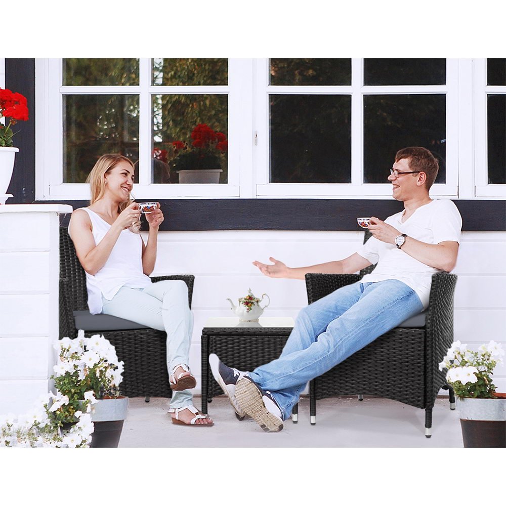 Gardeon 3PC Outdoor Bistro Set Patio Furniture Wicker Setting Chairs Table Cushion Black - OZ Home Deals