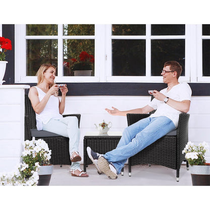 Gardeon 3PC Outdoor Bistro Set Patio Furniture Wicker Setting Chairs Table Cushion Black - OZ Home Deals