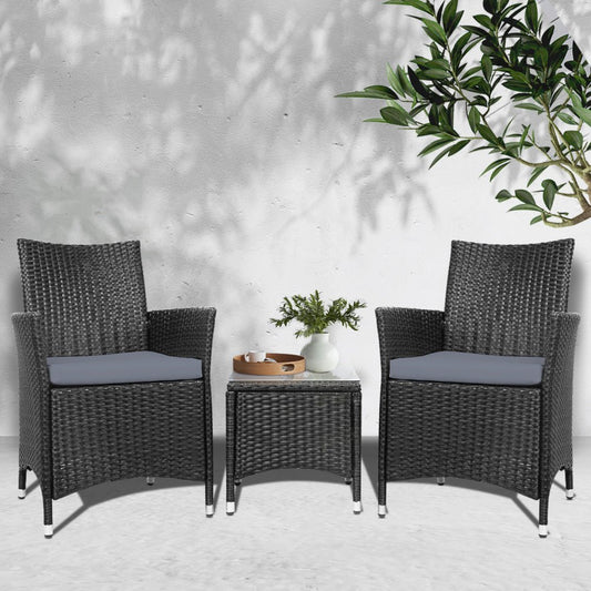 Gardeon 3PC Outdoor Bistro Set Patio Furniture Wicker Setting Chairs Table Cushion Black - OZ Home Deals