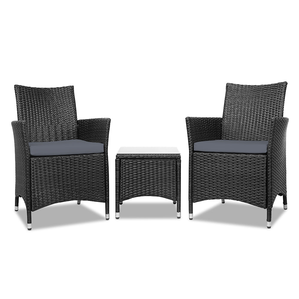 Gardeon 3PC Outdoor Bistro Set Patio Furniture Wicker Setting Chairs Table Cushion Black - OZ Home Deals