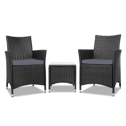 Gardeon 3PC Outdoor Bistro Set Patio Furniture Wicker Setting Chairs Table Cushion Black - OZ Home Deals