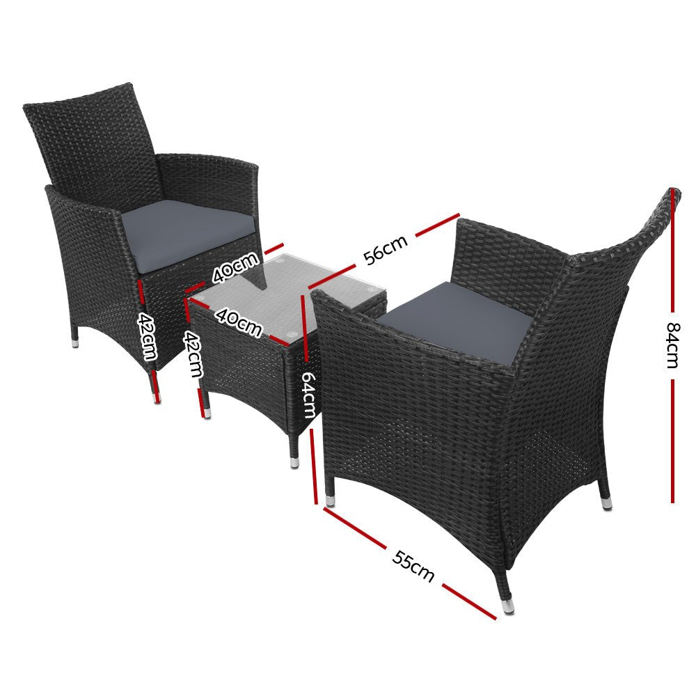 Gardeon 3PC Outdoor Bistro Set Patio Furniture Wicker Setting Chairs Table Cushion Black - OZ Home Deals