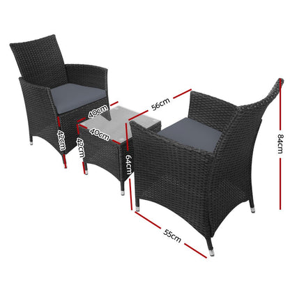 Gardeon 3PC Outdoor Bistro Set Patio Furniture Wicker Setting Chairs Table Cushion Black - OZ Home Deals