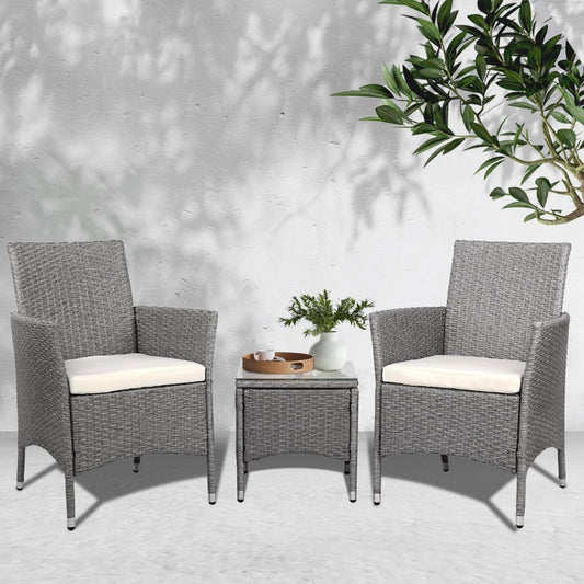 Gardeon 3PC Outdoor Bistro Set Patio Furniture Wicker Setting Chairs Table Cushion Grey - OZ Home Deals