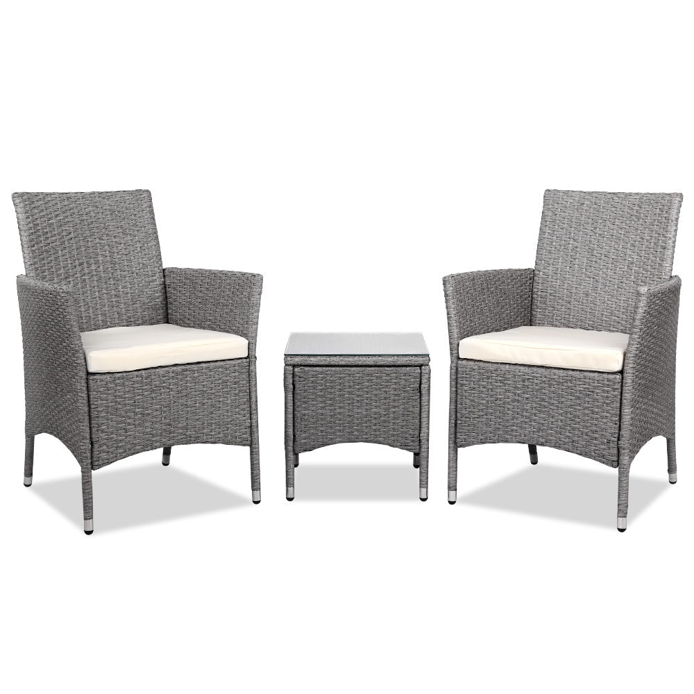 Gardeon 3PC Outdoor Bistro Set Patio Furniture Wicker Setting Chairs Table Cushion Grey - OZ Home Deals