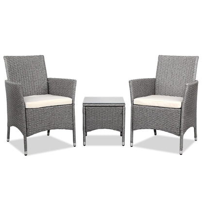 Gardeon 3PC Outdoor Bistro Set Patio Furniture Wicker Setting Chairs Table Cushion Grey - OZ Home Deals