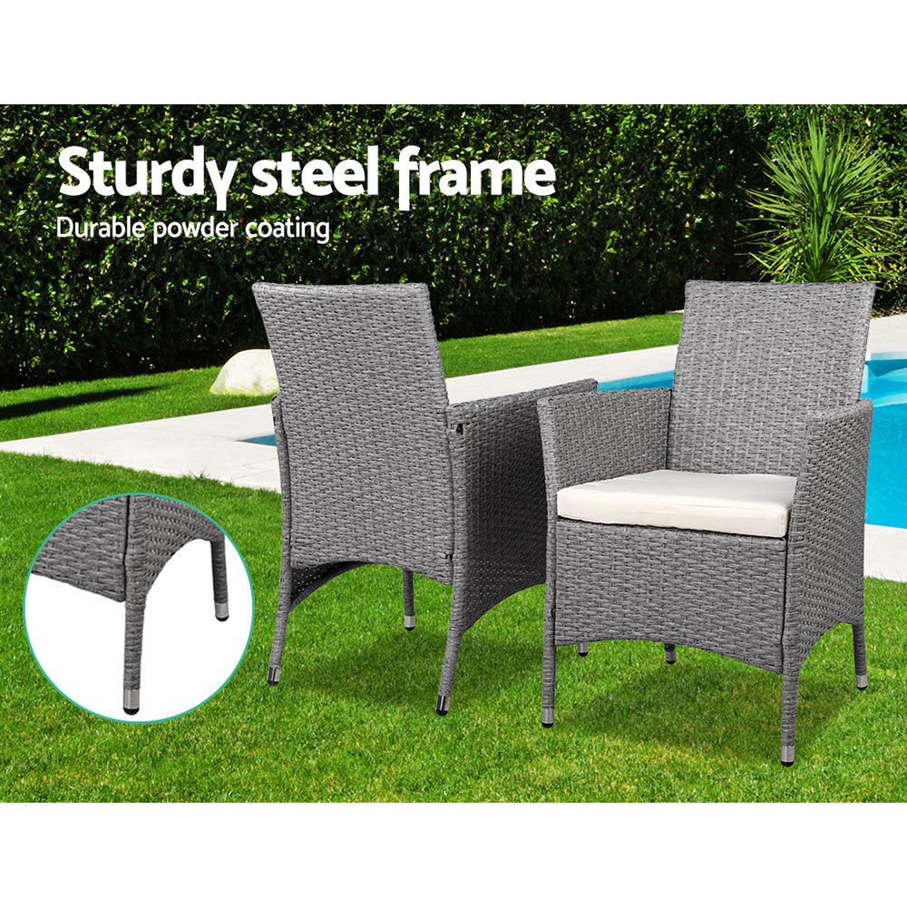 Gardeon 3PC Outdoor Bistro Set Patio Furniture Wicker Setting Chairs Table Cushion Grey - OZ Home Deals