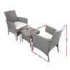 Gardeon 3PC Outdoor Bistro Set Patio Furniture Wicker Setting Chairs Table Cushion Grey - OZ Home Deals