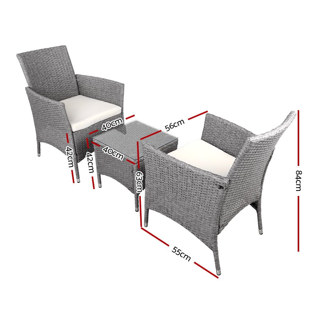 Gardeon 3PC Outdoor Bistro Set Patio Furniture Wicker Setting Chairs Table Cushion Grey - OZ Home Deals