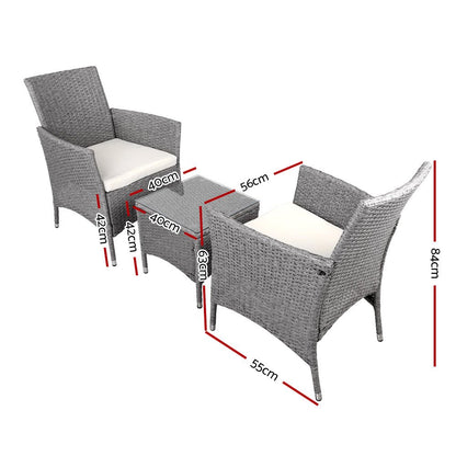 Gardeon 3PC Outdoor Bistro Set Patio Furniture Wicker Setting Chairs Table Cushion Grey - OZ Home Deals