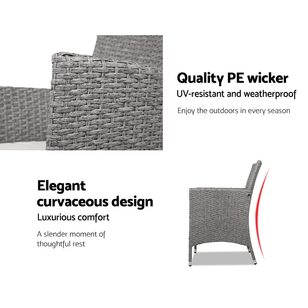 Gardeon 3PC Outdoor Bistro Set Patio Furniture Wicker Setting Chairs Table Cushion Grey - OZ Home Deals