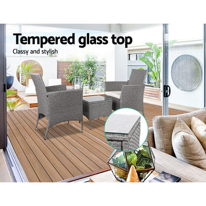 Gardeon 3PC Outdoor Bistro Set Patio Furniture Wicker Setting Chairs Table Cushion Grey - OZ Home Deals