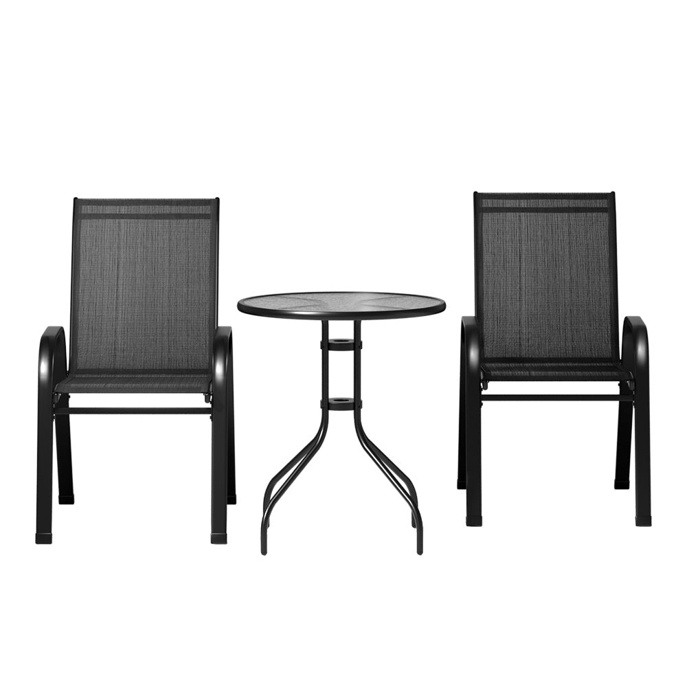 Gardeon 3PC Outdoor Bistro Set Table and Chairs Stackable Patio Furniture Black - OZ Home Deals