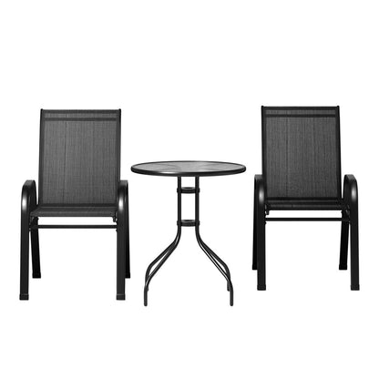 Gardeon 3PC Outdoor Bistro Set Table and Chairs Stackable Patio Furniture Black - OZ Home Deals