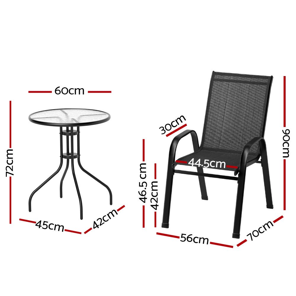 Gardeon 3PC Outdoor Bistro Set Table and Chairs Stackable Patio Furniture Black - OZ Home Deals
