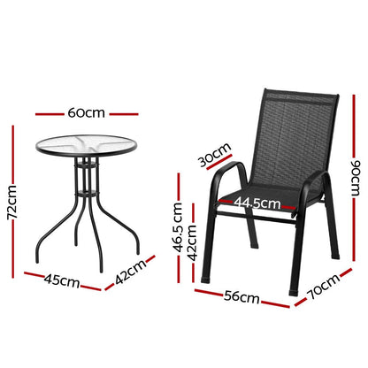 Gardeon 3PC Outdoor Bistro Set Table and Chairs Stackable Patio Furniture Black - OZ Home Deals