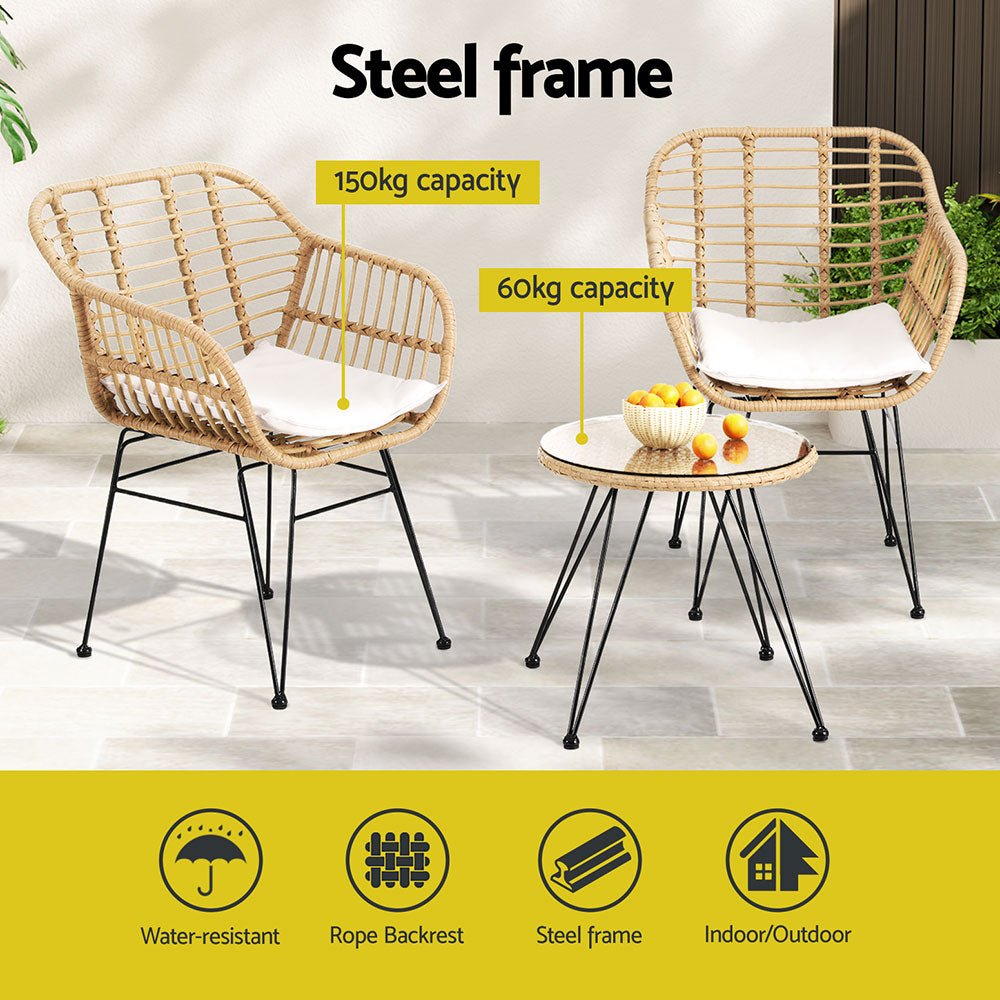 Gardeon 3PC Outdoor Furniture Bistro Set Lounge Setting Table Chairs Cushion Patio Grey - OZ Home Deals