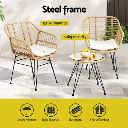 Gardeon 3PC Outdoor Furniture Bistro Set Lounge Setting Table Chairs Cushion Patio Grey - OZ Home Deals