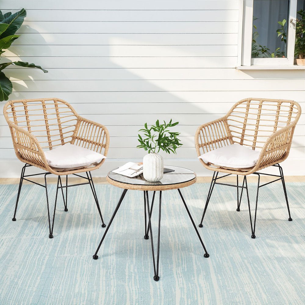 Gardeon 3PC Outdoor Furniture Bistro Set Lounge Setting Table Chairs Cushion Patio Grey - OZ Home Deals