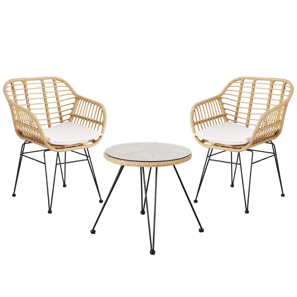 Gardeon 3PC Outdoor Furniture Bistro Set Lounge Setting Table Chairs Cushion Patio Grey - OZ Home Deals