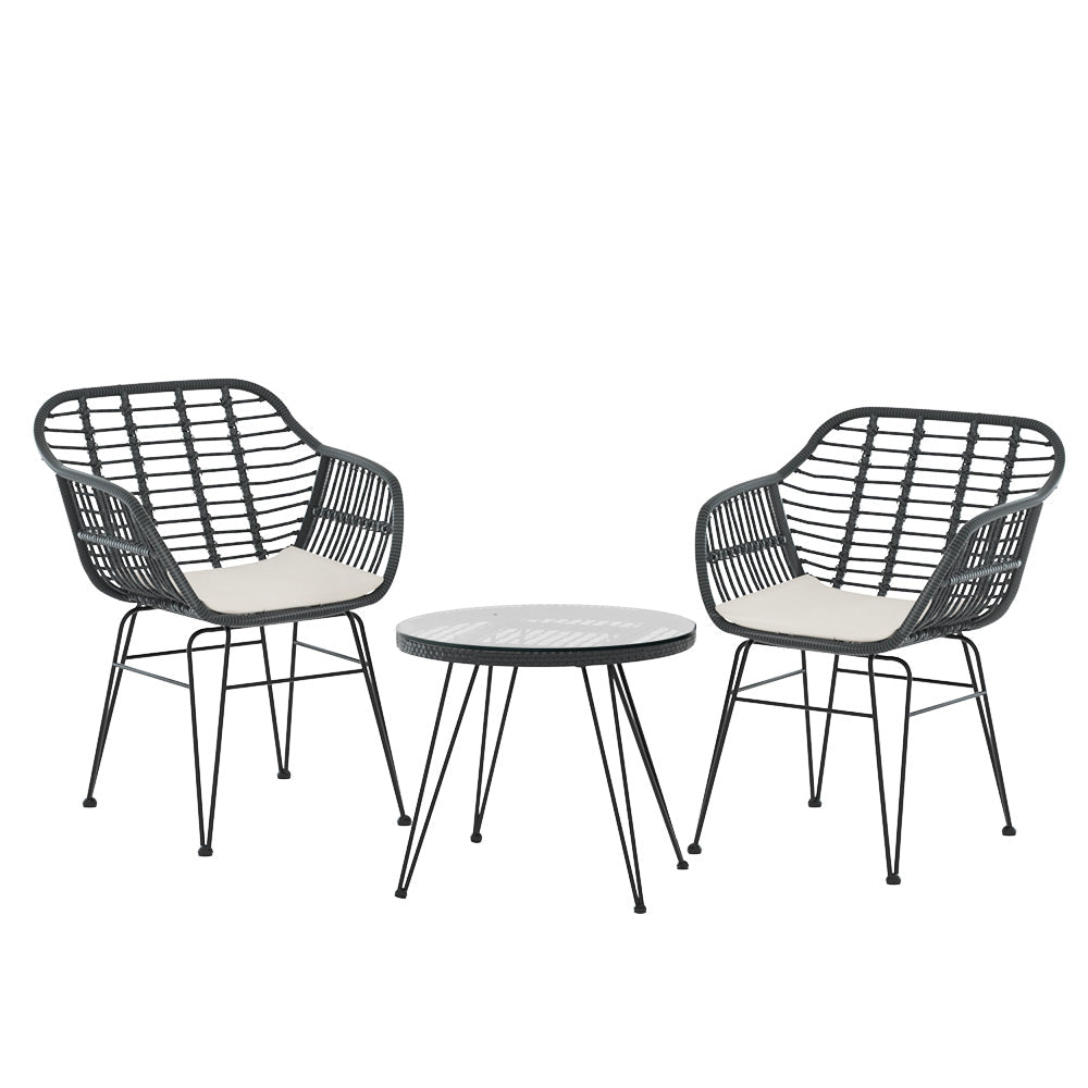 Gardeon 3PC Outdoor Furniture Bistro Set Lounge Setting Table Chairs Cushion Patio Grey - OZ Home Deals