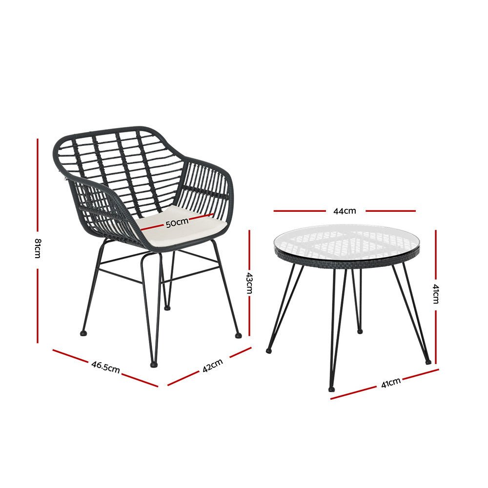 Gardeon 3PC Outdoor Furniture Bistro Set Lounge Setting Table Chairs Cushion Patio Grey - OZ Home Deals