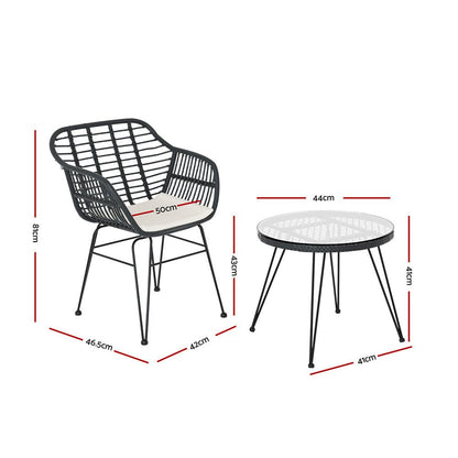 Gardeon 3PC Outdoor Furniture Bistro Set Lounge Setting Table Chairs Cushion Patio Grey - OZ Home Deals
