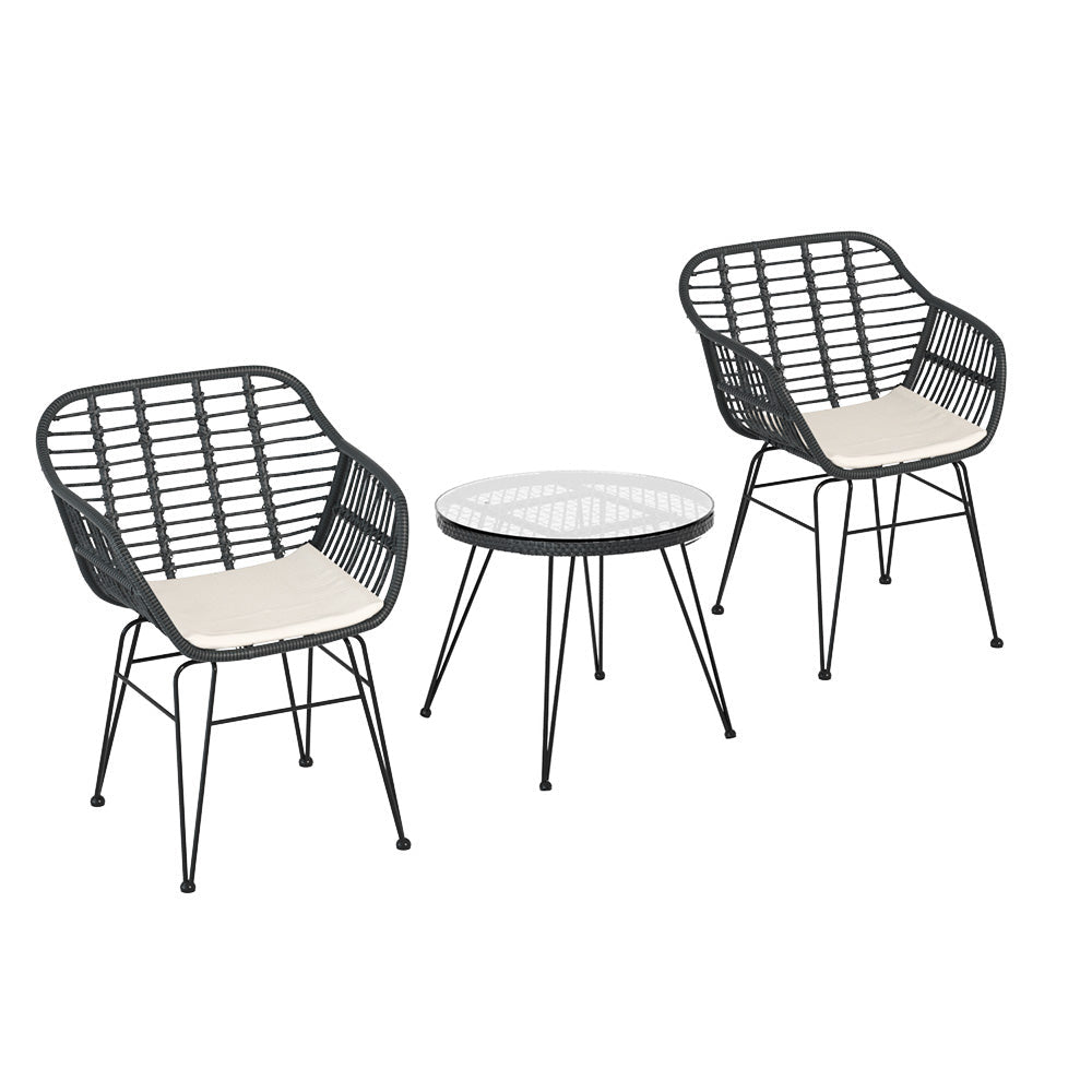 Gardeon 3PC Outdoor Furniture Bistro Set Lounge Setting Table Chairs Cushion Patio Grey - OZ Home Deals
