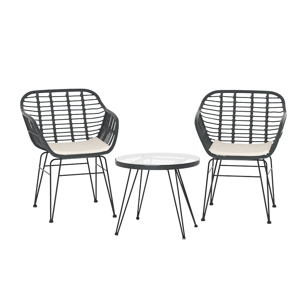 Gardeon 3PC Outdoor Furniture Bistro Set Lounge Setting Table Chairs Cushion Patio Grey - OZ Home Deals