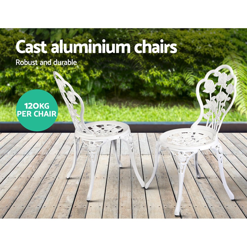 Gardeon 3PC Outdoor Setting Bistro Set Chairs Table Cast Aluminum Patio Furniture Rose White - OZ Home Deals
