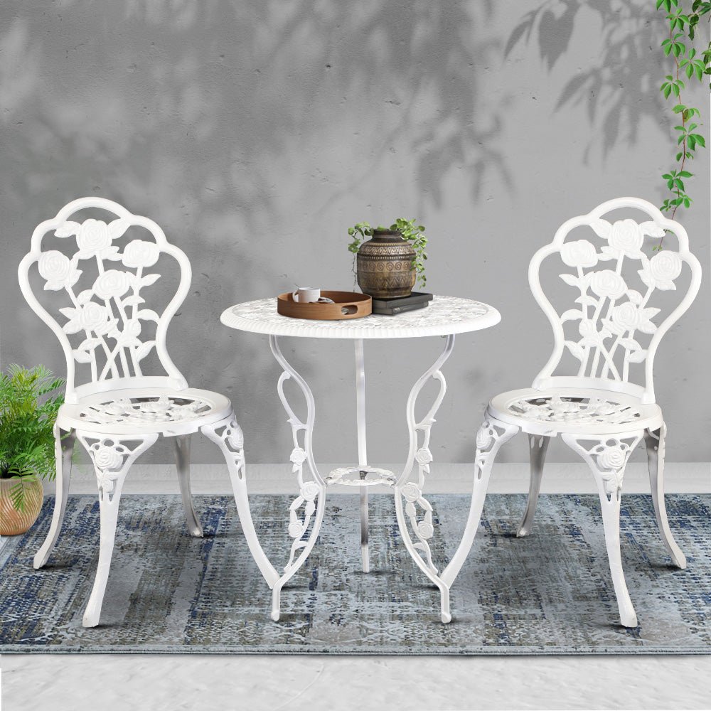 Gardeon 3PC Outdoor Setting Bistro Set Chairs Table Cast Aluminum Patio Furniture Rose White - OZ Home Deals