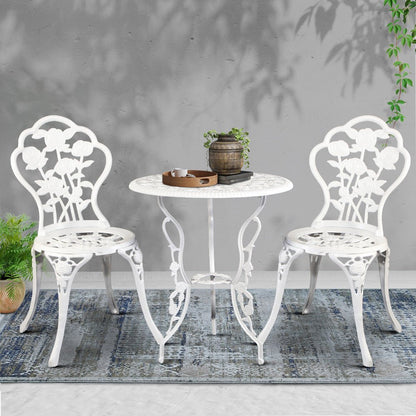 Gardeon 3PC Outdoor Setting Bistro Set Chairs Table Cast Aluminum Patio Furniture Rose White - OZ Home Deals