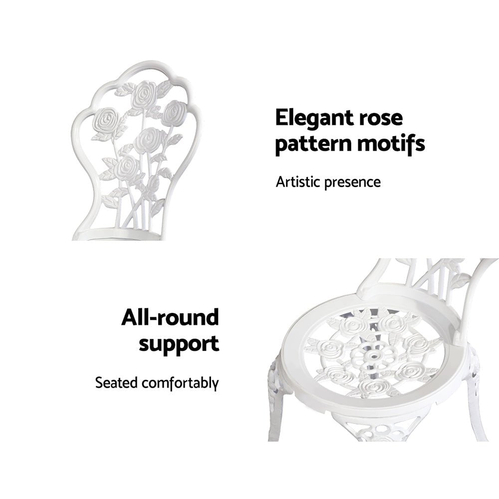 Gardeon 3PC Outdoor Setting Bistro Set Chairs Table Cast Aluminum Patio Furniture Rose White - OZ Home Deals