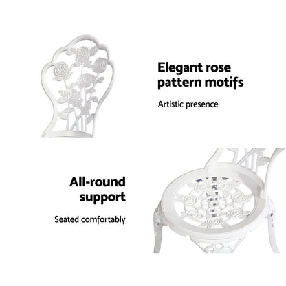 Gardeon 3PC Outdoor Setting Bistro Set Chairs Table Cast Aluminum Patio Furniture Rose White - OZ Home Deals