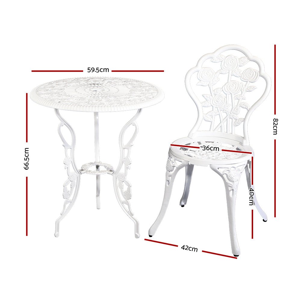 Gardeon 3PC Outdoor Setting Bistro Set Chairs Table Cast Aluminum Patio Furniture Rose White - OZ Home Deals